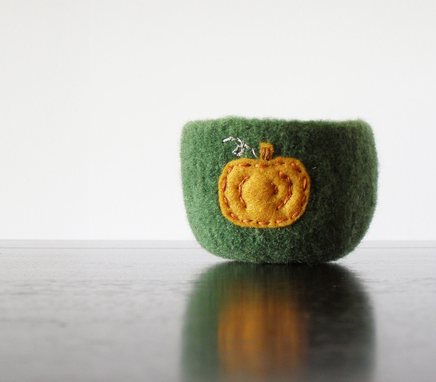 from the pumpkin patch - green felted bowl with orange eco felt pumpkin - Thanksgiving home decor, autumn decor, desk organizer - theFelterie