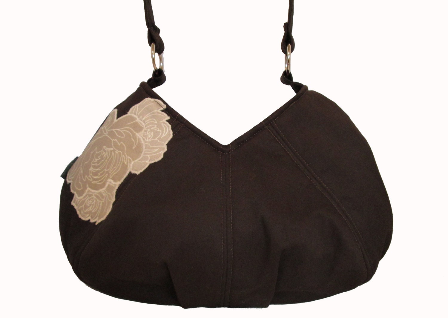Handmade purse - small shoulder bag created in dark brown with floral applique embellishment