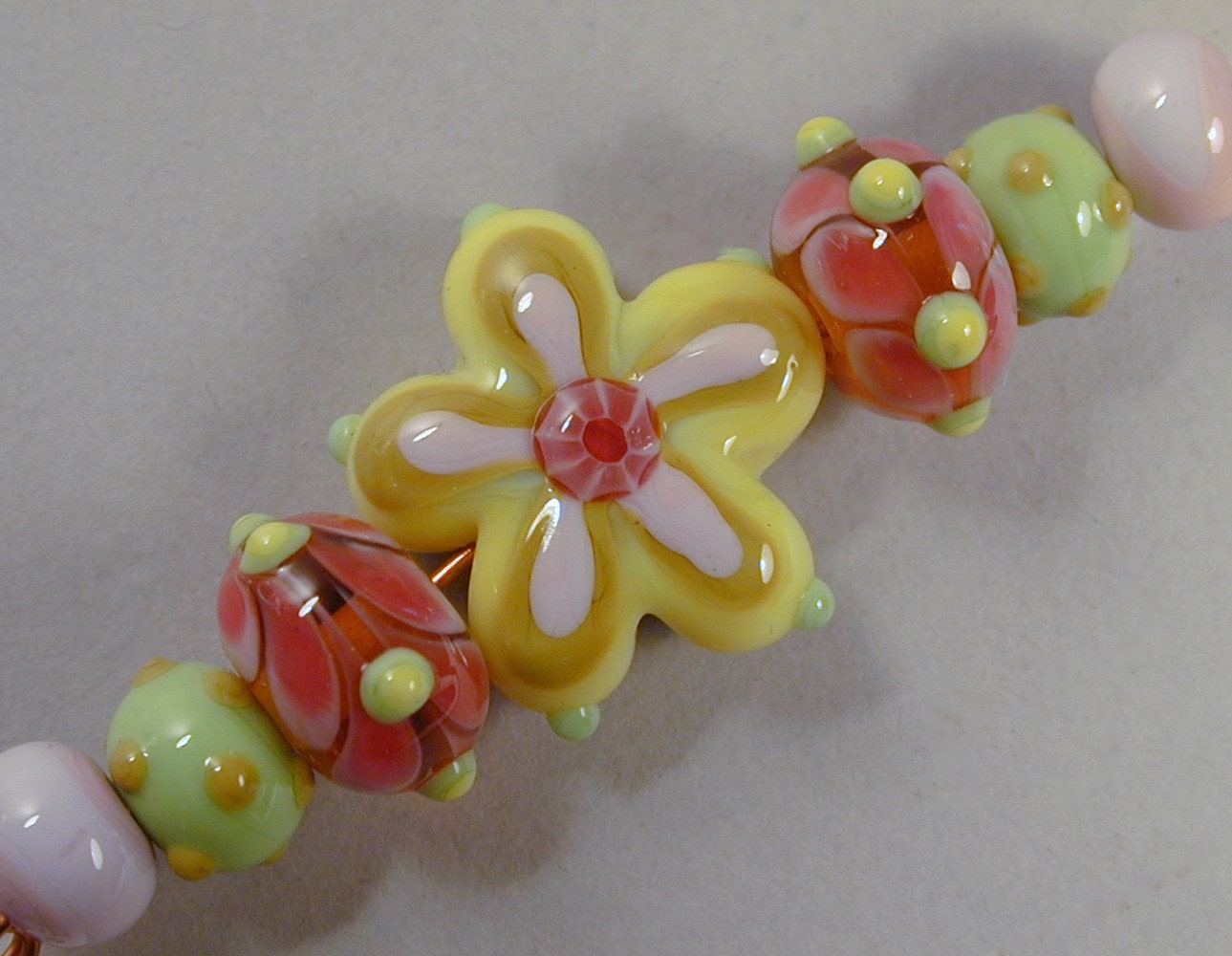 MCP Set of 7 Handmade Lampwork Glass Beads, ooak, by Patti Cahill, sra -- Flower focal