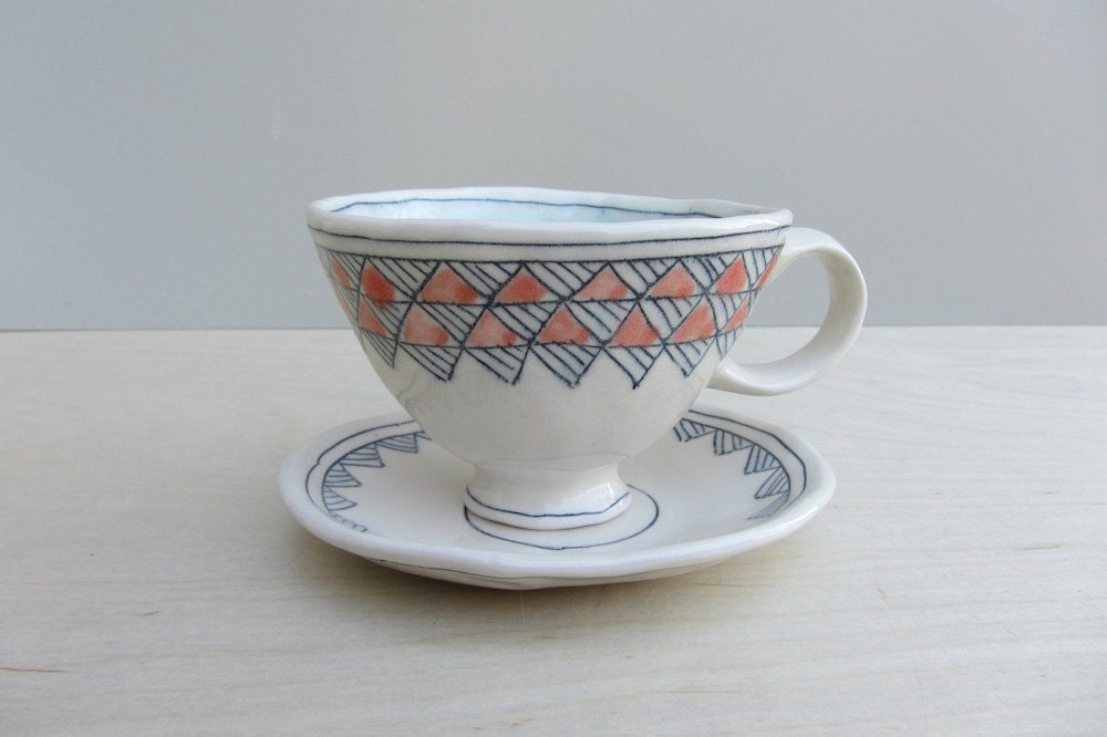 Made to Order Porcelain Geometric Sketch Patterned Teacup and Saucer in Red