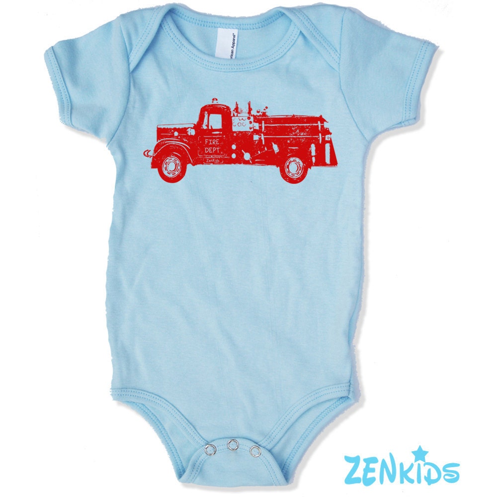 Baby Onesie Vintage FIRE TRUCK - american apparel Light Blue - FREE Shipping
