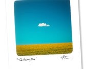 Photo Greeting Card "The Happy One" 5x7 Blank Card, One Cloud Sunflower Field Blue Sky, Yellow Flower Uplifting Cheerful Art Card, Note Card