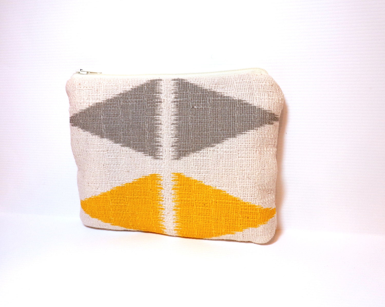 Zipper Pouch Cosmetic Bag Change Purse   - Ikat Pattern with Diamonds in Yellow and Grey