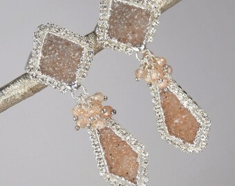 Druzy Earrings Sand Beige Jasper Druzy Post Earrings Diamond Bezel Style Luxury Spring 2013 Fashion - Helen