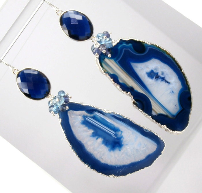 RESERVED - Blue Agate Slice Earrings Long Blue Dangle Earrings Geode Slice Gemstone Luxury Statement Fall Fashion - Angelina