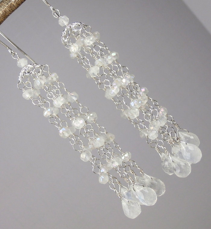 Wedding Jewelry Moonstone Tassel Earrings Bridal Earrings Long Wire Wrapped Mystic Quartz Sterling Silver Luxury Fashion