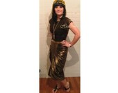 Vintage 80s dress does Cleo Egyptian costume 7 pc ensemble gold black wig cap