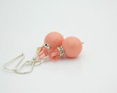 Pink Coral Earrings - Pearl and Crystals - Coral, Peach, Soft, Holiday, Gift for Her, Short, Bridal, Bride, Bright, Silver, Simple, Cute