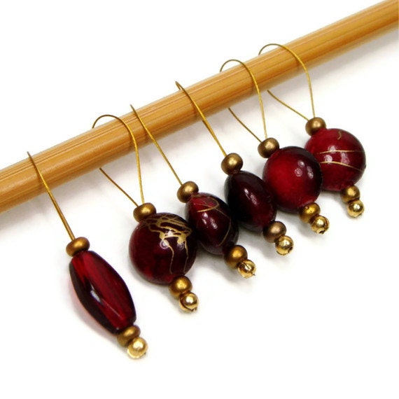 Knitting Stitch Markers Set, Beaded, Snag Free, Burgundy, Gold, Gift for Knitter, Direct Checkout, TJBdesigns
