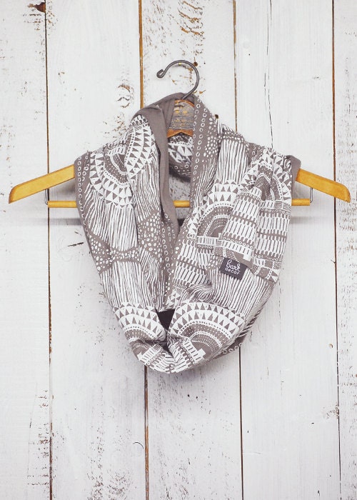 Okapi Infinity Scarf - Gravel and White - modern hand printed jersey infinity circle scarf - by Bark Decor
