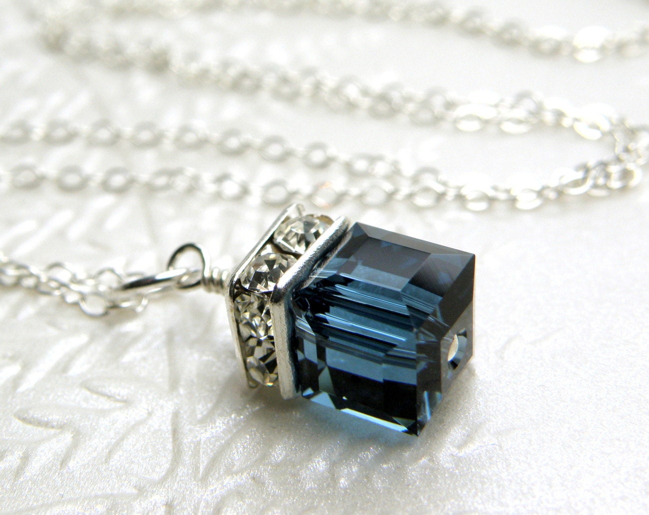 Sapphire Blue Crystal Necklace, Silver, Pendant, Wedding, Handmade Jewelry, September Birthstone