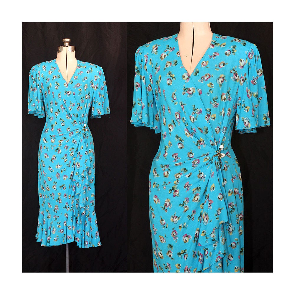 Vintage 80s Tulip Garden in Turquoise Ruffles Dress with Tuip Pin