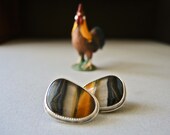 Tiger Eye Earrings, Blue and Gold Tiger Eye, Quartz, Post Earrings, Sterling Silver, Gold Posts