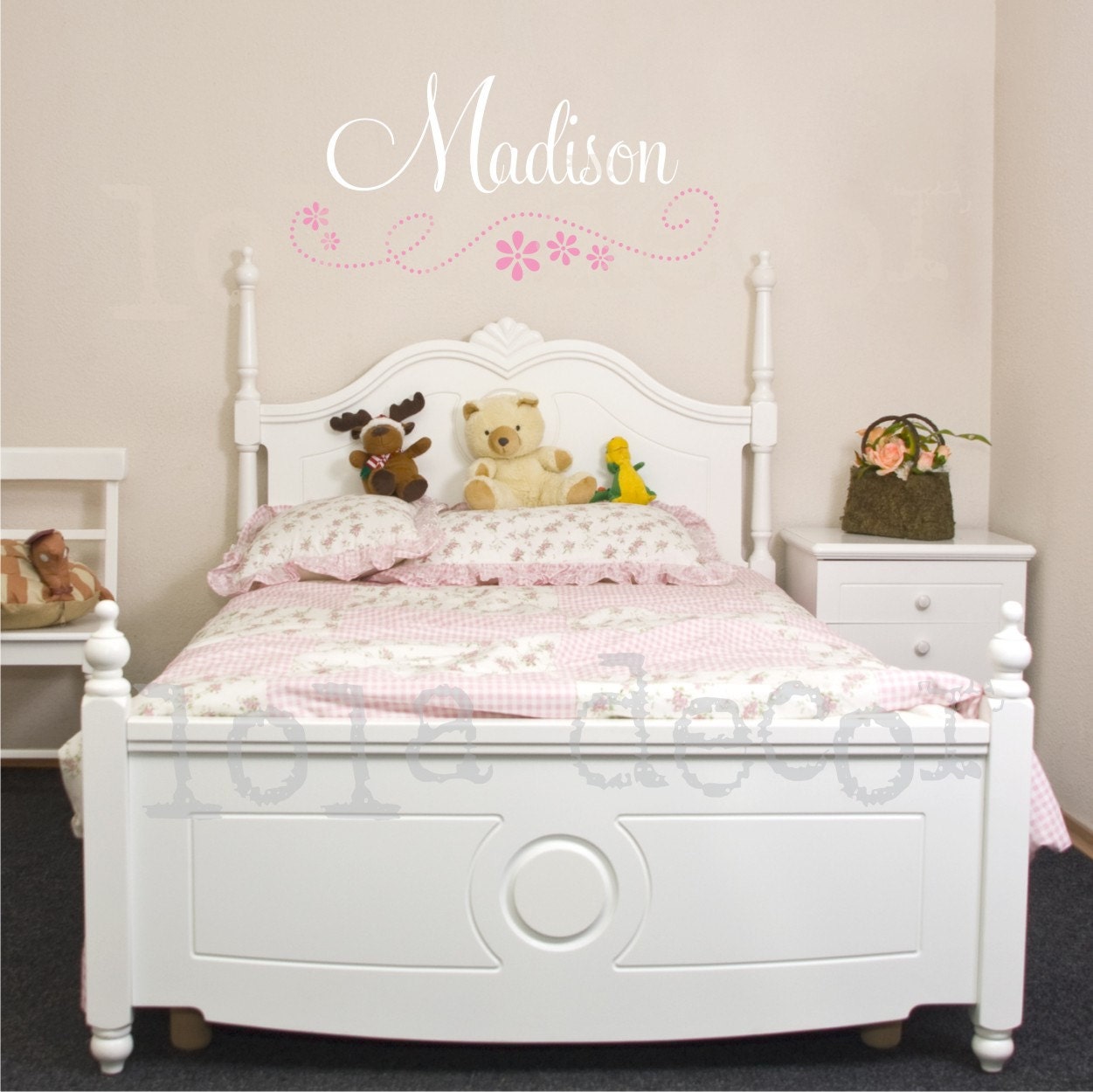 LARGE FLOWERS and DOTS name decal - 23 x 48 inches - bedroom decal - vinyl decal