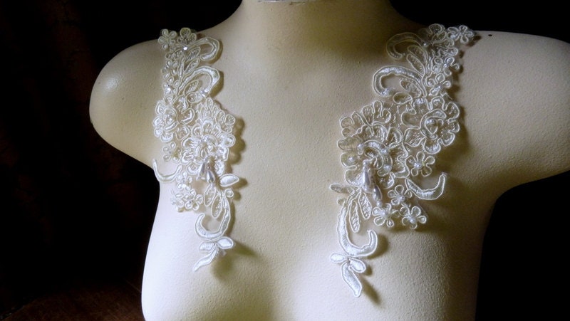 Beaded Lace Applique Pair in Ivory Cream for Bridal, Headbands, Sashes, Costume Design PR 300