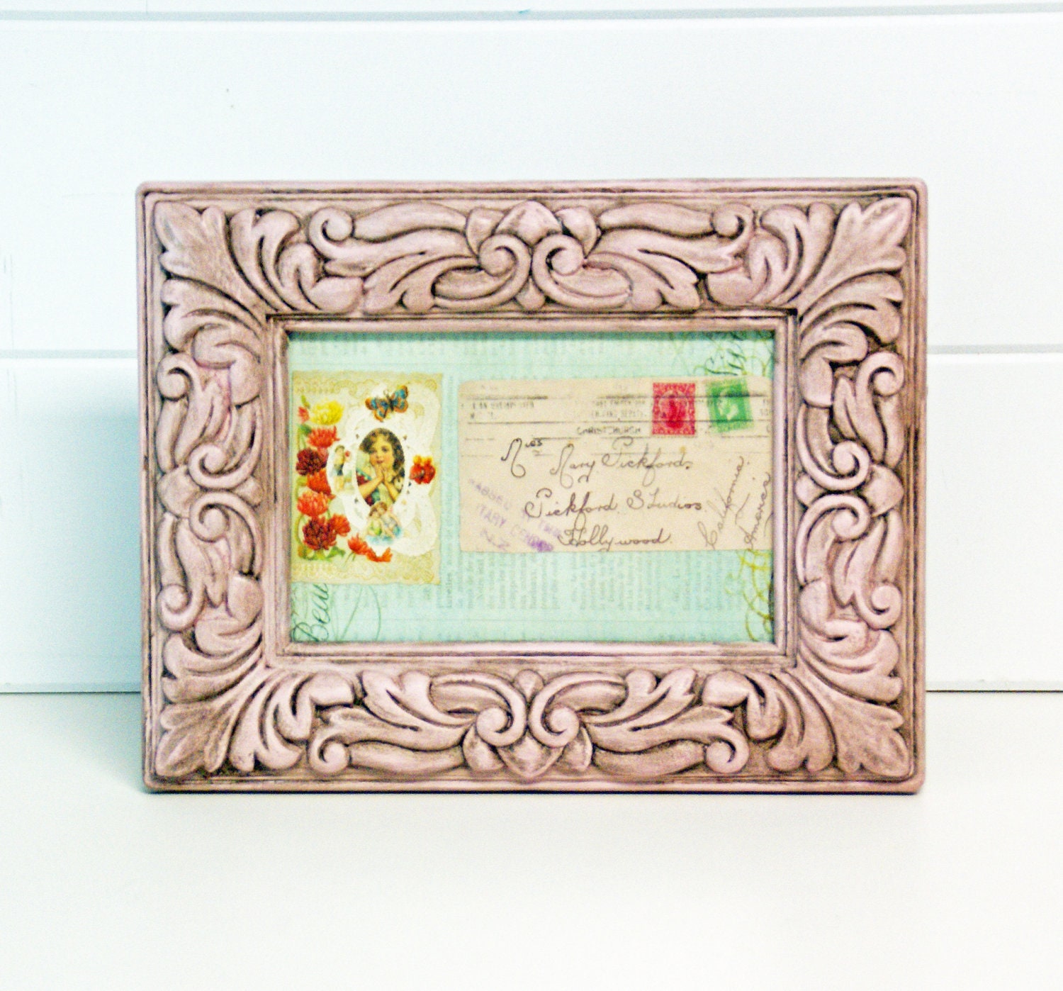 Upcycled Eco Friendly Shabby Chic Photo Frame Antiqued  in Pink by speckleddog on Etsy - tt team