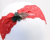 Red elastic lace headband with sequin flowers and feathers, women hair accessories