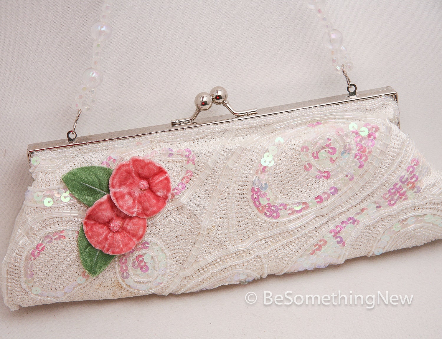 Up-cycled ivory Beaded Vintage Purse with pink vintage flowers, wedding clutch