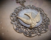 Large Steampunk Necklace Filigree Brass Swallow Bird Elgin Watch Face Steampunk Jewelry