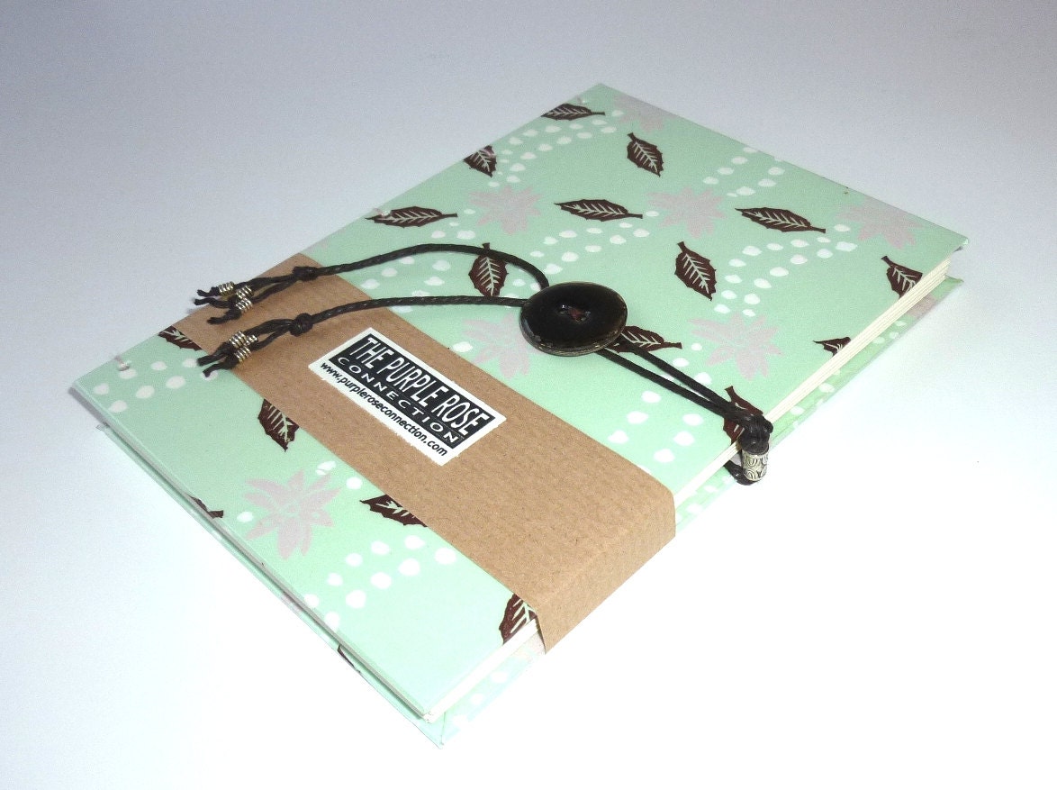 Notebook / Journal Pink Flowers / Braun Leaves - Coptic bound with hand printed paper on the cover.