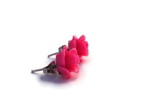 Mother's Day Sale, Pink Post Earrings - Hot Pink Resin Flower Post Stud Earrings