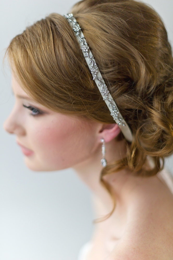 Bridal Ribbon Headband, Luxe Satin Ribbon Headband, Wedding Head Piece, Beaded Ribbon Headband
