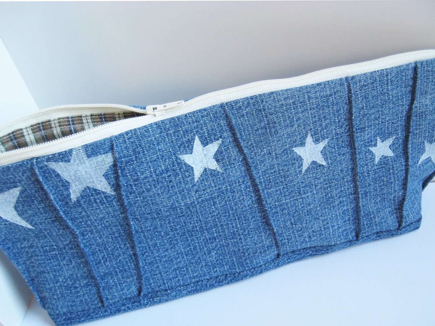 Stars Pencil Pouch Blue Denim Tool Bag Zipper Pouch Plaid Lining