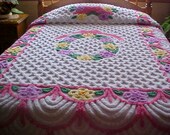 50's plush chenille bedspread w/vibrant colors, scallops, flowers-very pretty- size 104X90 inches