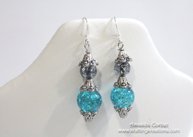 Turquoise/Smoke Gray Cracked Glass Earrings