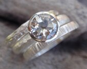 stacking rings engagement ring wedding band set - sterling silver - 7mm natural white topaz gemstone - set of 3 - made to order