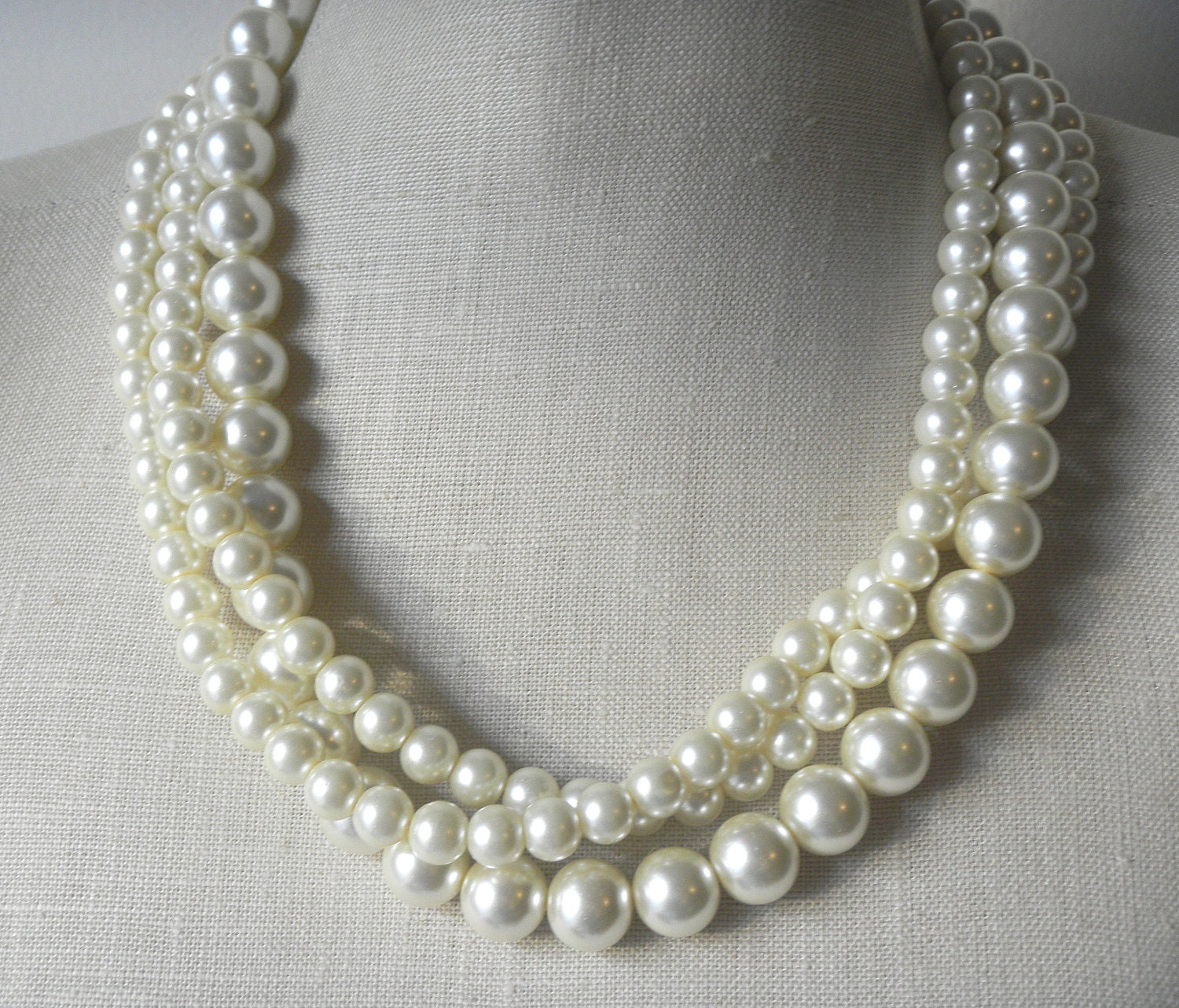Triple Strand Twisted  Pearl necklace  Chunky Cream White Offwhite Bone Ecru Bride Wedding Bridesmaid