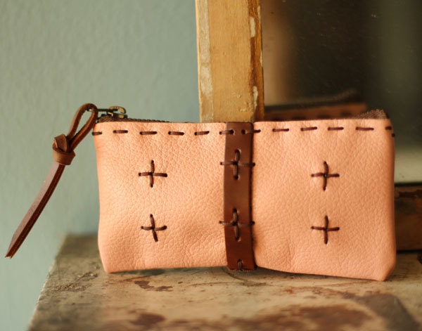 Light Pink Leather Pouch Leather Coin Purse Leather Makeup Bag