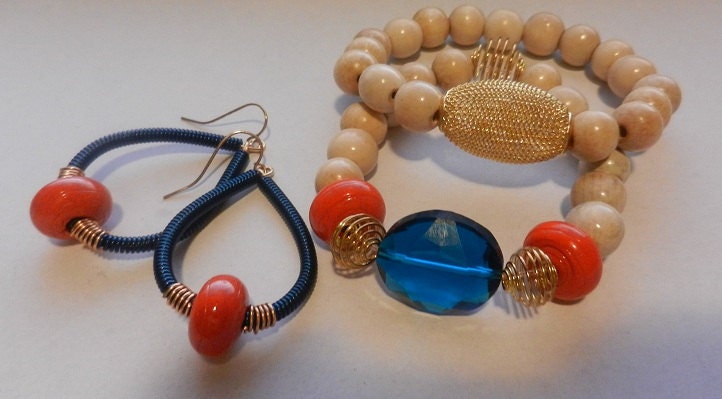 Sapphire Coil Earrings with Matching Wood Beaded Stacked Bracelets