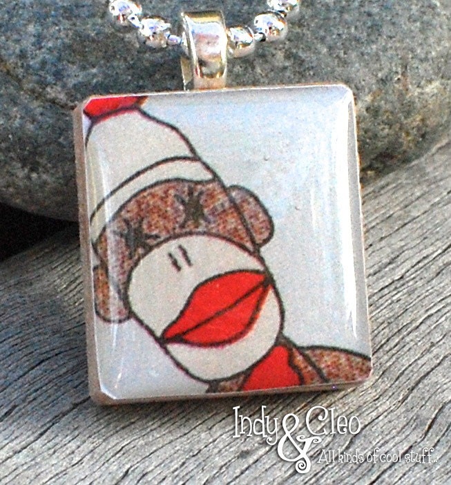TACO the SOCK MONKEY Kids Handmade Animal Scrabble Tile Art Pendant Charm Jewelry Necklace
