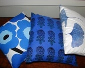 Set of 3 Blue Throw Pillows Unikko, Vihkiruusu, Bilopa, Marimekko prints from Finland