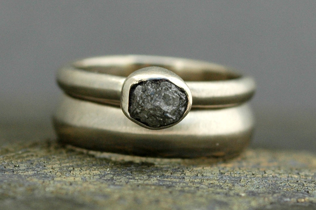 Silver Grey Rough Diamond Engagement Ring and Wedding Band Set 14k White Gold