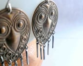 Owl fringe earrings. Statement earrings with vintage steel bar fringe on new sterling silver earwires.