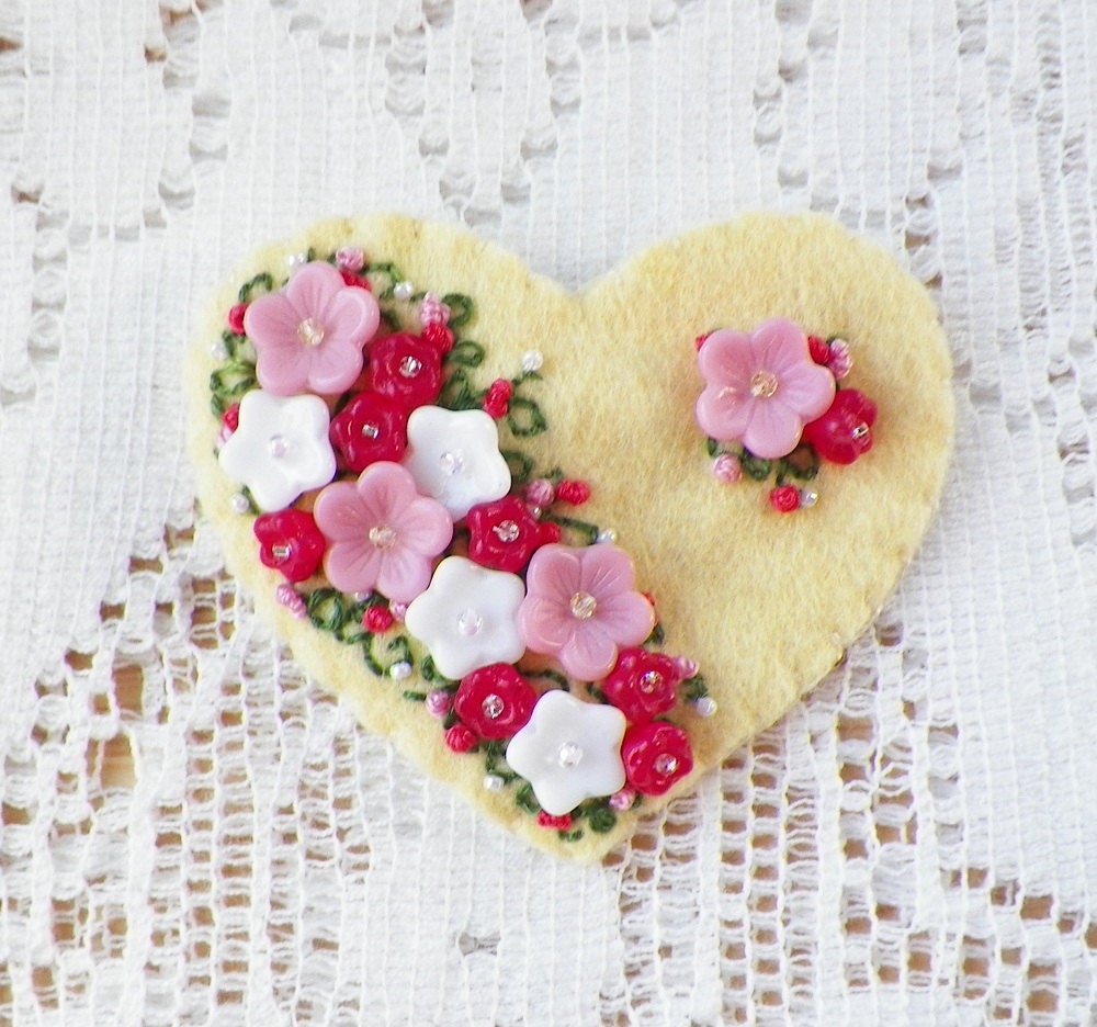 Soft Yellow Felt Heart Brooch with Spray of Pink, Raspberry, and White Flowers - glassbeadtreasures
