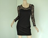 Illusion Lace Dress- Black- 1990's Vintage Bodycon Mini Dress- Sheer Long Sleeves
