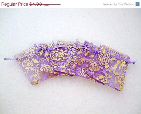 CIJ-JULY 4TH Sale 20 Count LIght Purple & Gold Roses Organza Voile Jewelry- Gift Bags