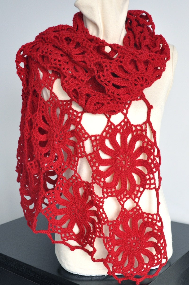 WINDMILL - Red - Crochet Windmill Pattern Long Scarf/Shawl