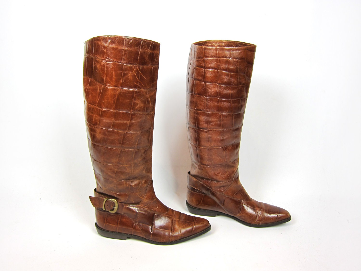 SALE Vintage Italian Leather Alligator Brass Buckle Harness Tall Riding Boot in Butterscotch - 8.5 9