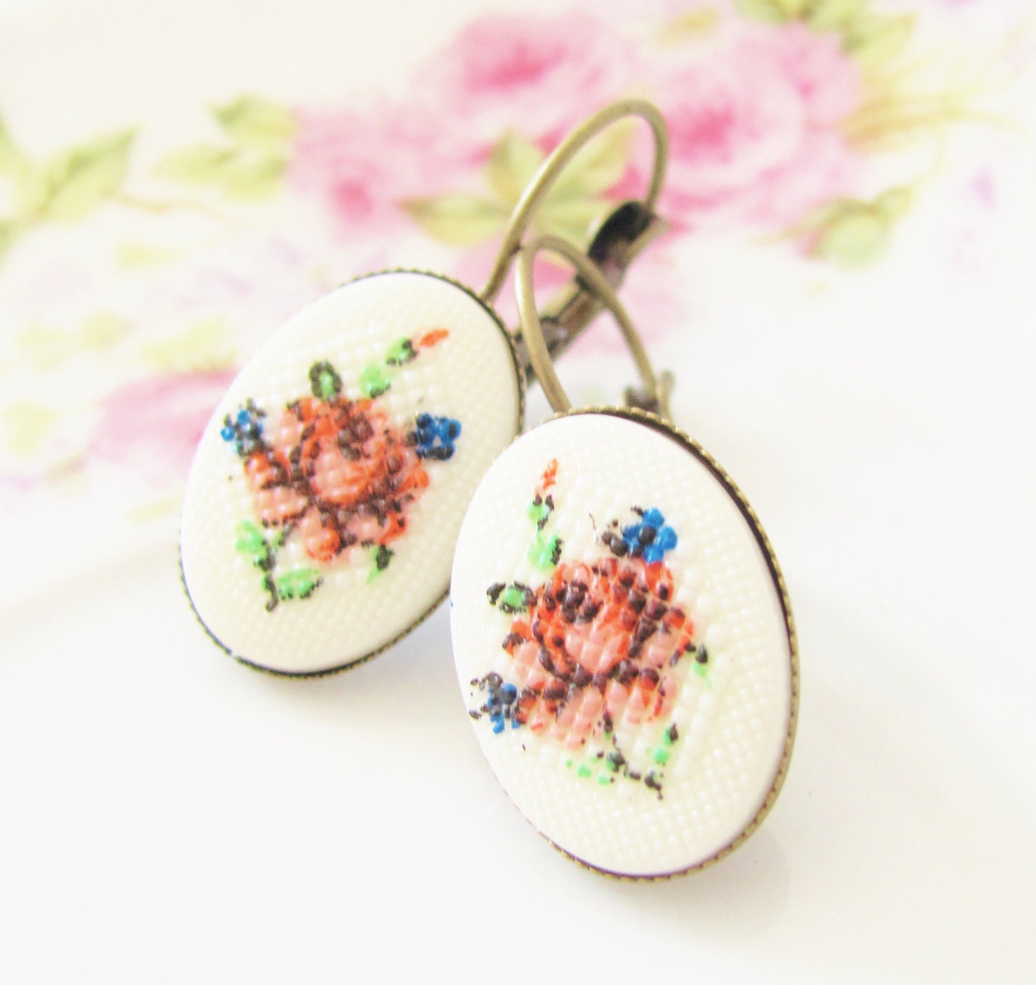 Red Rose Earring -Vintage Red Flower Needlepoint Antique Brass Lever Back Drop Dangles - Wedding, Bridal, Bridesmaid