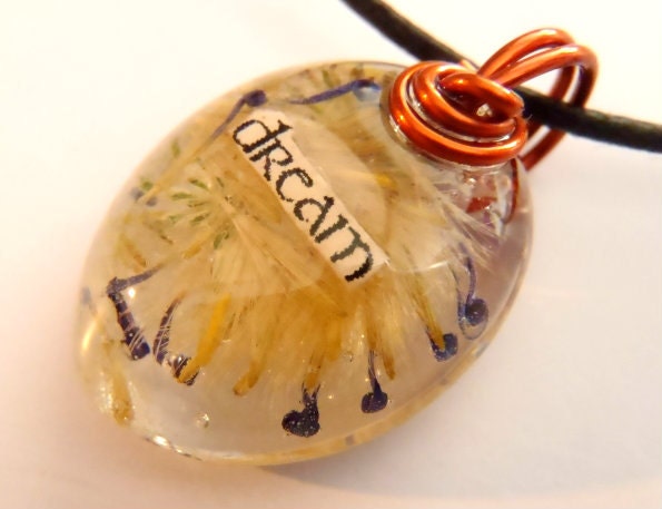 Dream Purple Yellow Flower Pendant  Necklace Resin Nature Word Bohemian Jewelry Boho Amber Wire Whimsical Earth Forest Small Oval