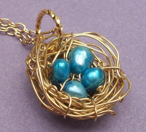 Gold Bird's Nest with Blue Freshwater Pearl Eggs Necklace