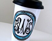 Ceramic Travel Mugs Initials Monogram Hand Painted Customize Personalize Black White Blue Eco Friendly Porcelain Tumbler Take Away Mug