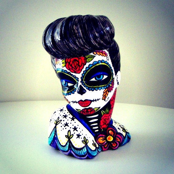 Pinup Girl Vase Glamour Girl Planter Colorful Tattoo Lady Head Day of the Dead Red Roses Blue Bird Sacred Heart white black