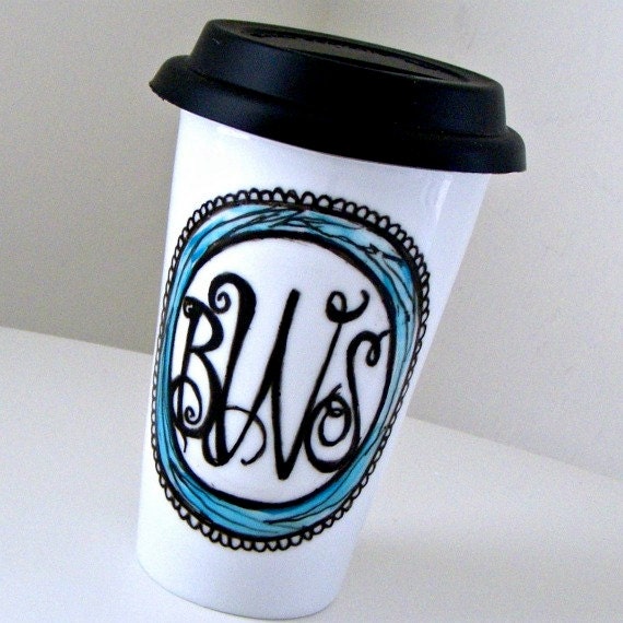 Ceramic Travel Mugs Initials Monogram Hand Painted Customize Personalize Black White Blue Eco Friendly Porcelain Tumbler Take Away Mug
