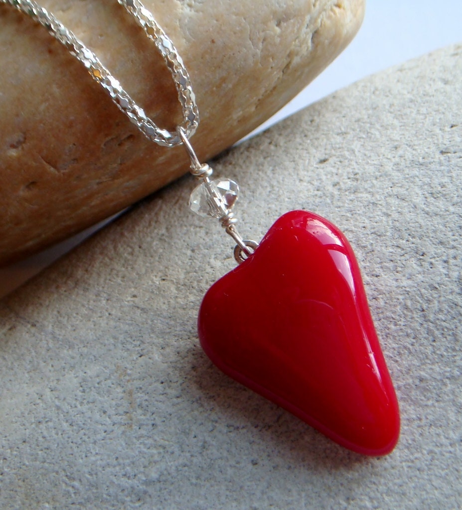 Heart necklace red heart shaped fused glass pendant...