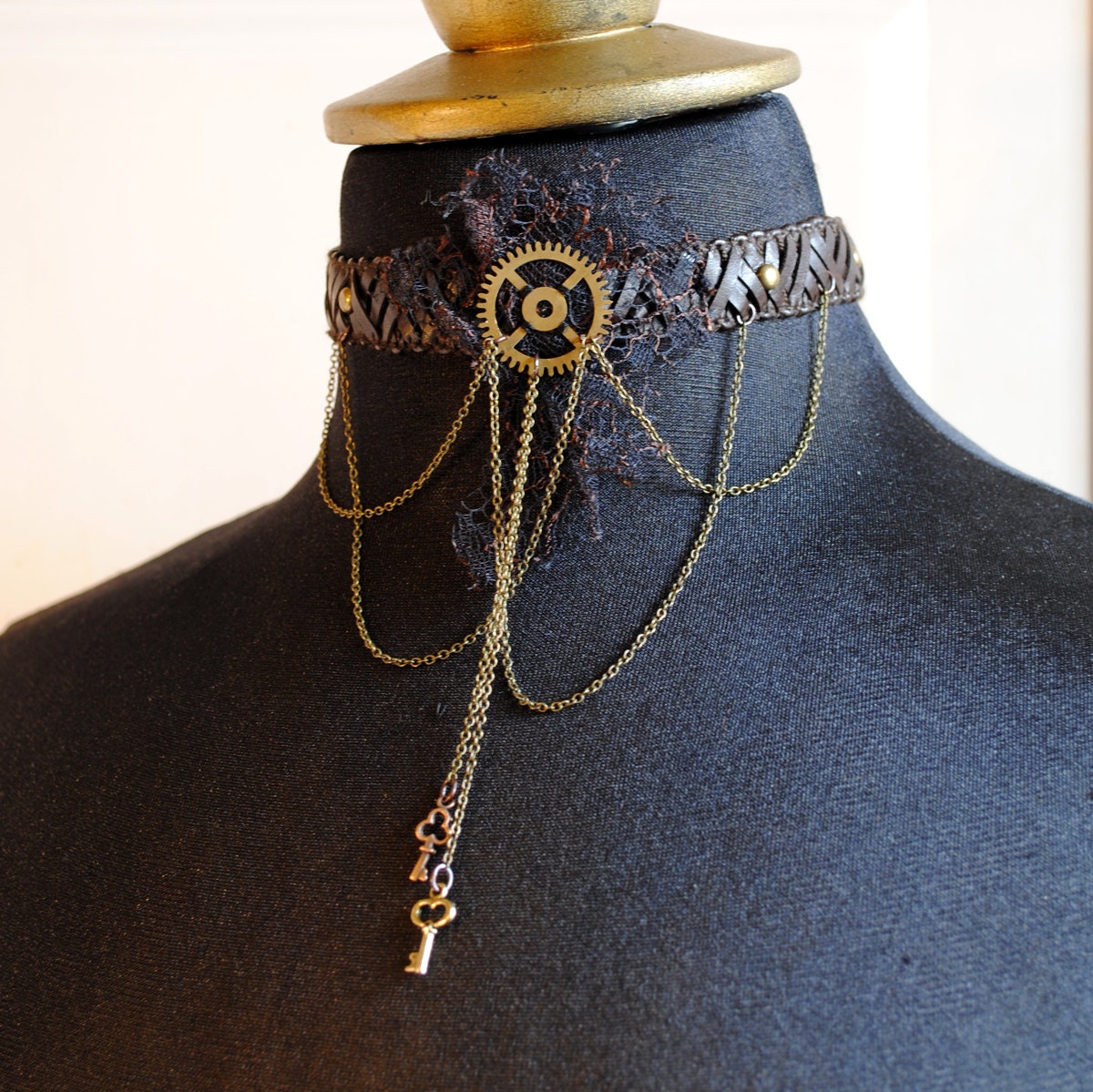 Steampunk Leatherette Choker with Gear and Chains